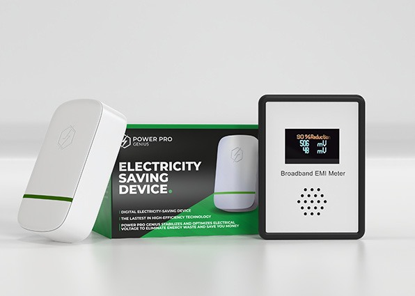 Power Pro Genius electricity stabilization device with packaging and electricity meter